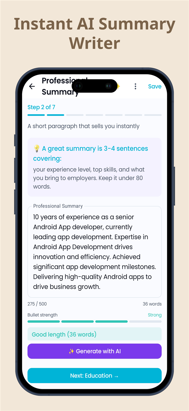 Professional summary writing step with live word count, bullet strength meter and a Generate with AI button