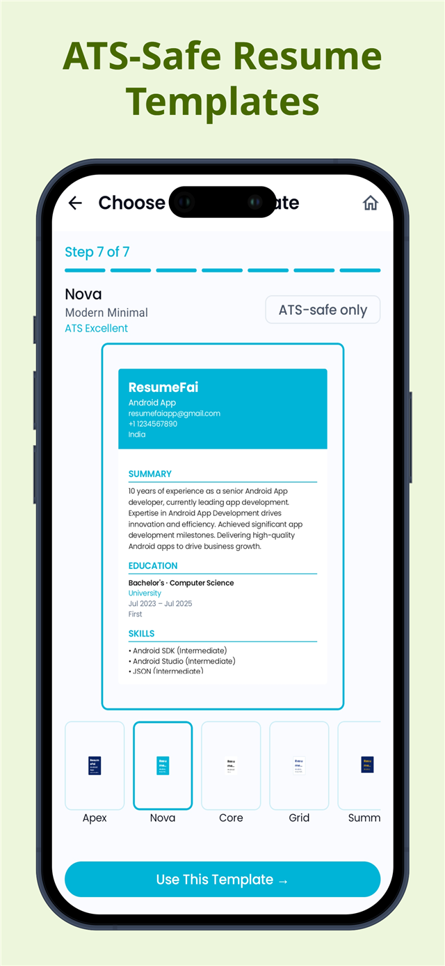 Resume template selection screen in ResumeFai with the Nova template preview and an ATS-safe only filter