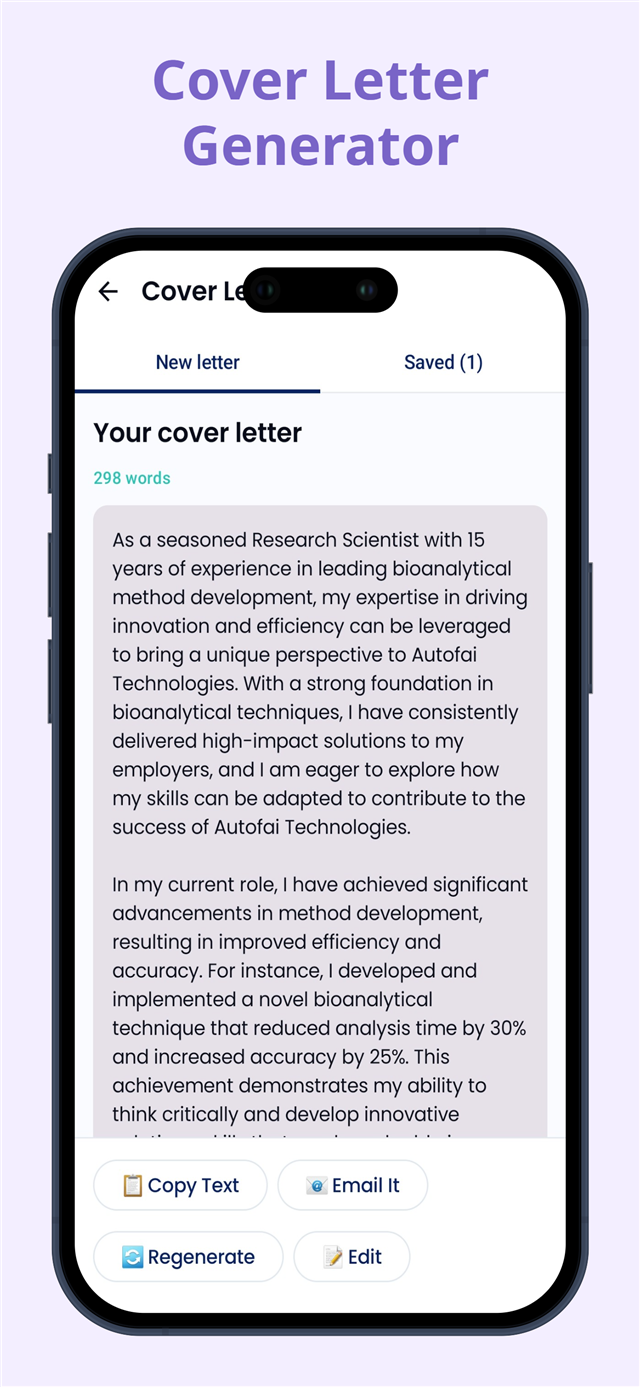 AI cover letter generator showing a finished 298 word cover letter with copy, email, regenerate and edit buttons