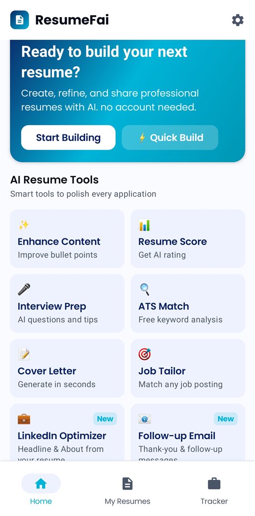 ResumeFai app home screen on an Android phone showing the resume builder and AI resume tools