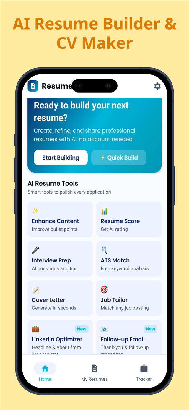 ResumeFai home screen showing the AI resume tools grid with Enhance Content, Resume Score, Interview Prep, ATS Match, Cover Letter and Job Tailor