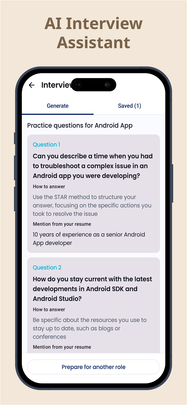 AI interview prep screen with practice questions, how to answer guidance and points to mention from your resume
