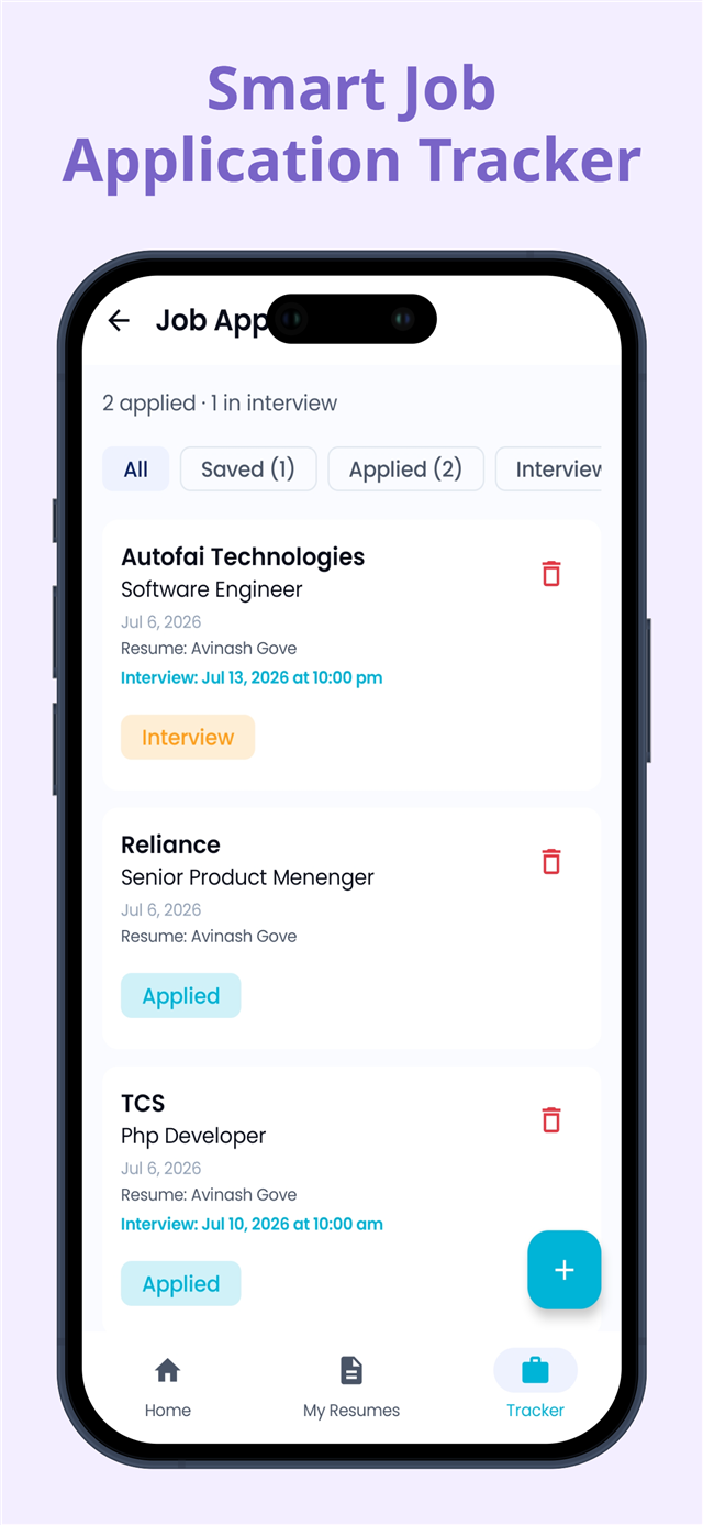 Job application tracker listing applications with company, role, applied status and upcoming interview dates