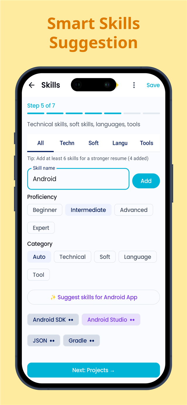 Skills step in the resume builder with proficiency levels, categories and one tap AI skill suggestions for the target role